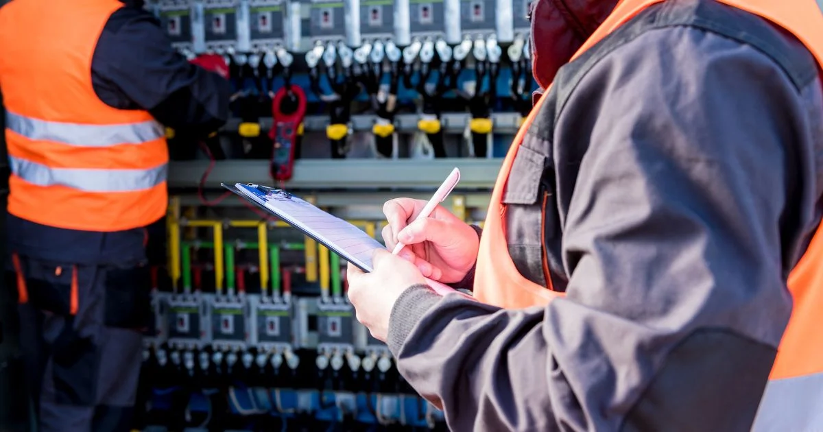 Technician checking electrical switchgear with clipboard.